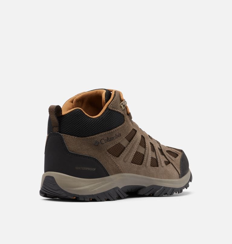 Columbia Redmond™ III Mid Waterproof hiking boots in brown suede with black accents and cushioned midsole, back-side view.
