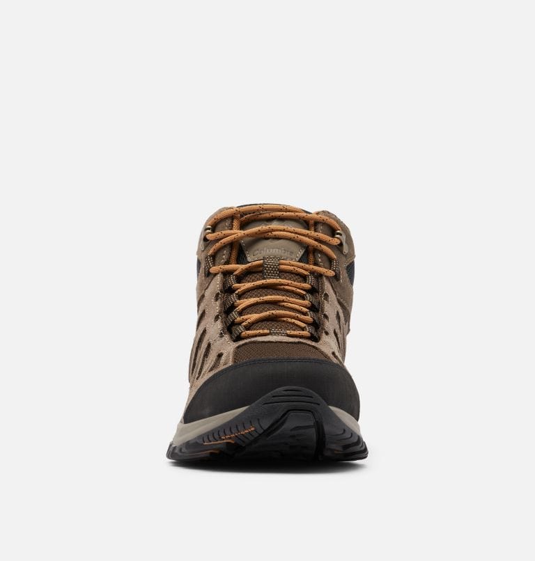 Columbia Redmond™ III Mid Waterproof hiking boots in brown with durable lace-up design and rugged toe cap, front view.
