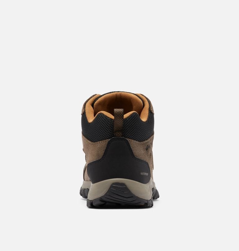 Columbia Redmond™ III Mid Waterproof hiking boots in brown and black with durable heel counter, back view showing waterproof details.