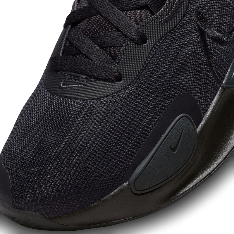 Nike Renew Elevate 3 basketball shoes in black, featuring a mesh upper, padded midsole, and reinforced toe box, close-up detail view.