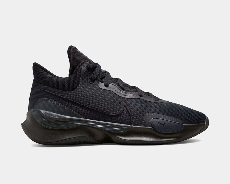 Nike Renew Elevate 3 basketball shoes in black, featuring a mesh upper, sculpted midsole, and side Swoosh logo, side view.
