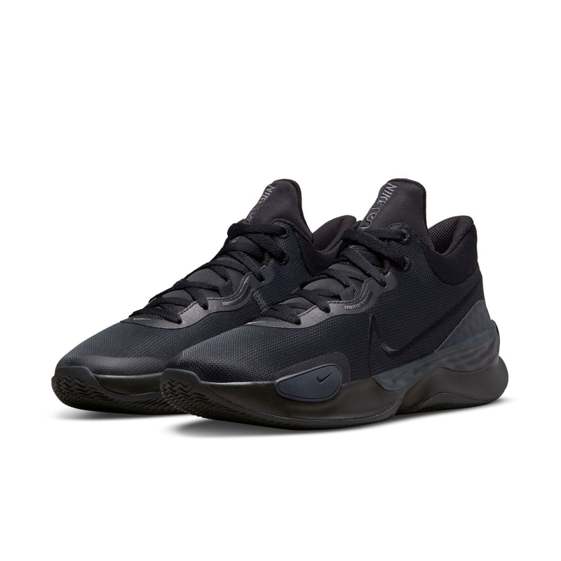 Nike Renew Elevate 3 basketball shoes in black featuring a mesh upper, lace-up closure, cushioned midsole, and Swoosh detailing, front side view.