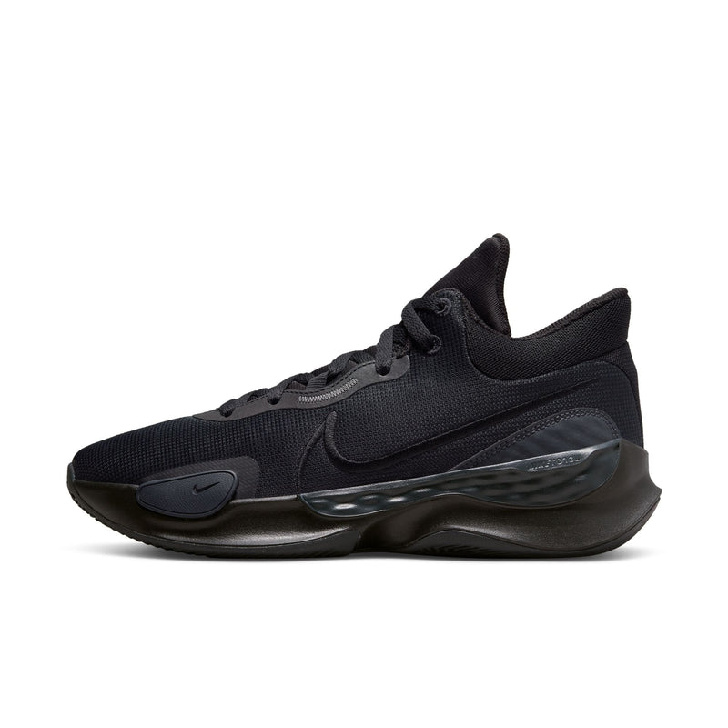 Nike Renew Elevate 3 basketball shoes in black with mesh upper, cushioned midsole, and sleek Nike Swoosh logo, side view.