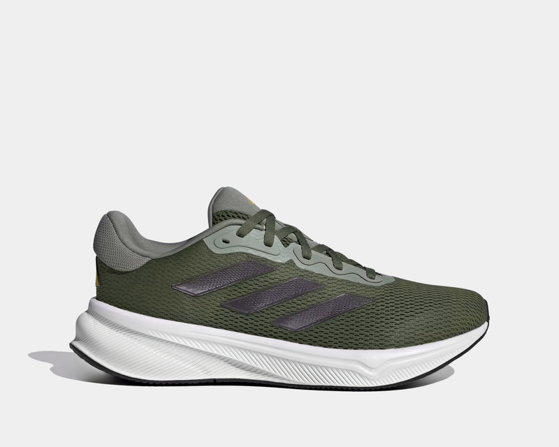 Adidas Response running shoes in olive green with breathable mesh upper, gray accents, and cushioned white sole, side view.