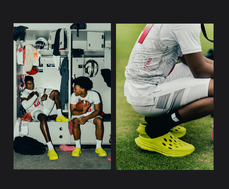 - Left image: "Kane Revive OB shoes in bright yellow with perforated design, worn in locker room setting."  
- Right image: "Kane Revive OB shoes in bright yellow with cushioned sole and breathable upper, worn outdoors on grass."
