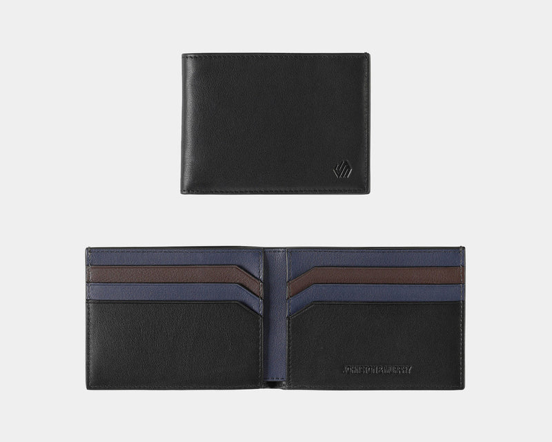 Johnston & Murphy Richmond Billfold Wallet in black leather with embossed logo, featuring brown and navy interior card slots, front and open views.
