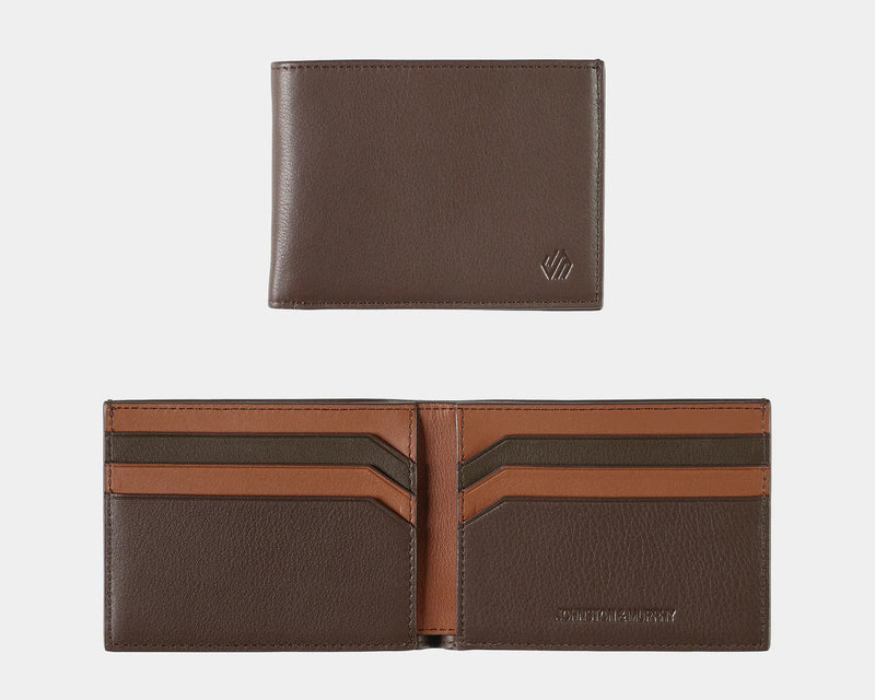 Johnston & Murphy Richmond Billfold Wallet, brown leather with embossed logo, interior view showing card slots in brown and tan.