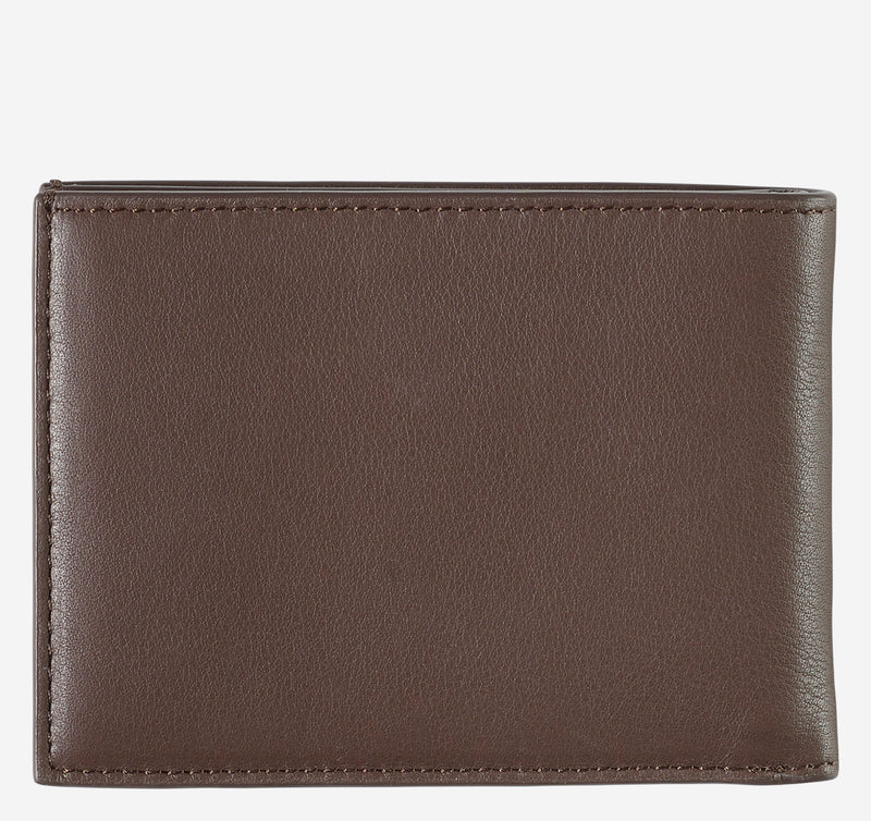 Johnston & Murphy Richmond Billfold Wallet in dark brown leather with stitched edges, front view.