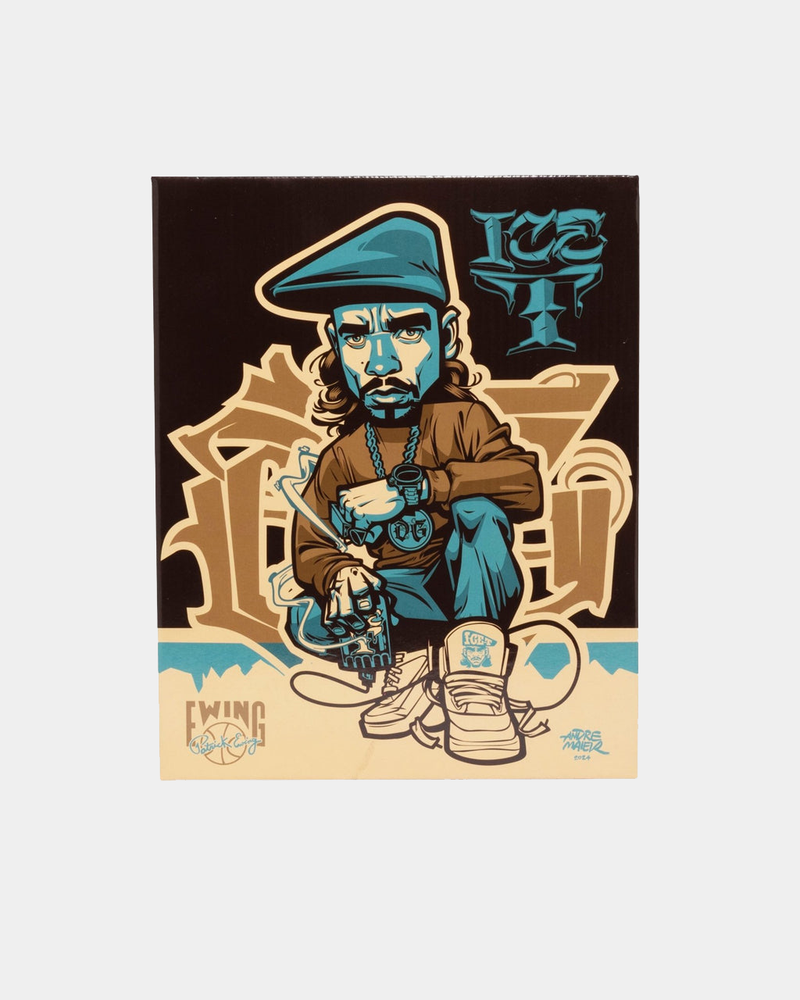 Ewing Athletics ROGUE x ICE T packaging featuring graphic artwork with beige, black, and turquoise color scheme.