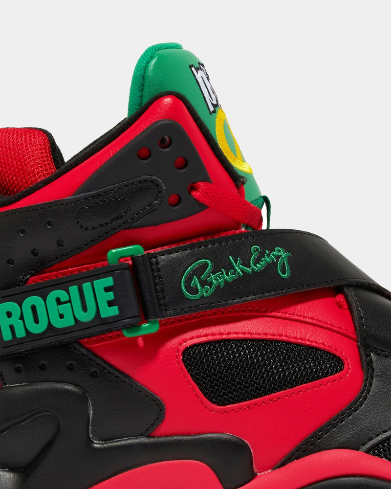 Ewing Athletics ROGUE x LOST BOYZ sneakers in black, red, and green with signature details and bold strap design, side view.