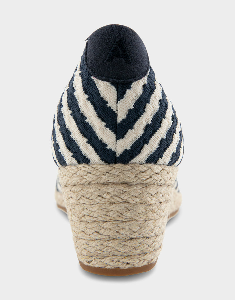 Comfortable Women's Wedge Heels in Eggnog/navy Stripe Textured Fabric Knit Fabric Back View