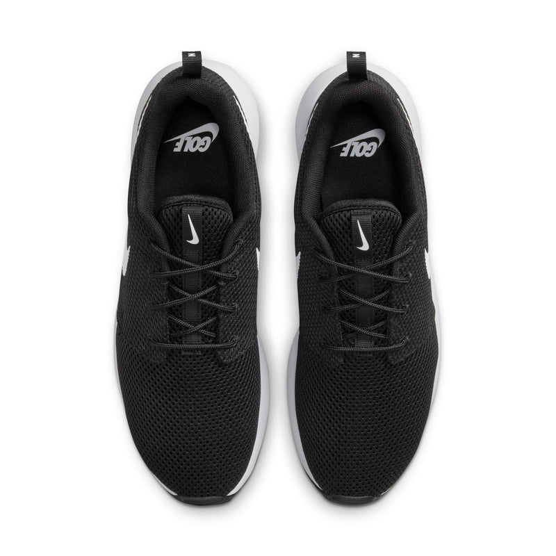 Nike Roshe Golf Next Nature golf shoes in black with a breathable mesh upper and white sole, top view.