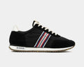 SeaVees Royal Runner sneakers in black with red, white, and blue striped side detailing and textured gum sole, side view.