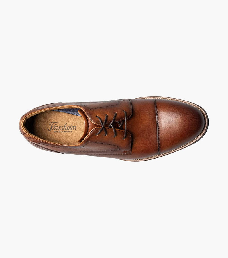 Florsheim Rucci Cap Oxford dress shoes in brown leather with cap toe detailing and lace-up design, top view.