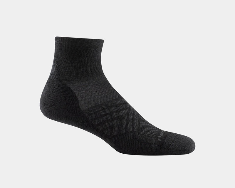 Darn Tough Run Quarter Ultra-Lightweight Running Socks in black with ribbed and patterned details, side view.