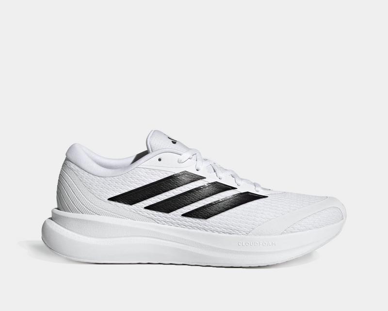 Adidas Runfalcon 6 running shoes in white with black stripes and Cloudfoam sole, side view.