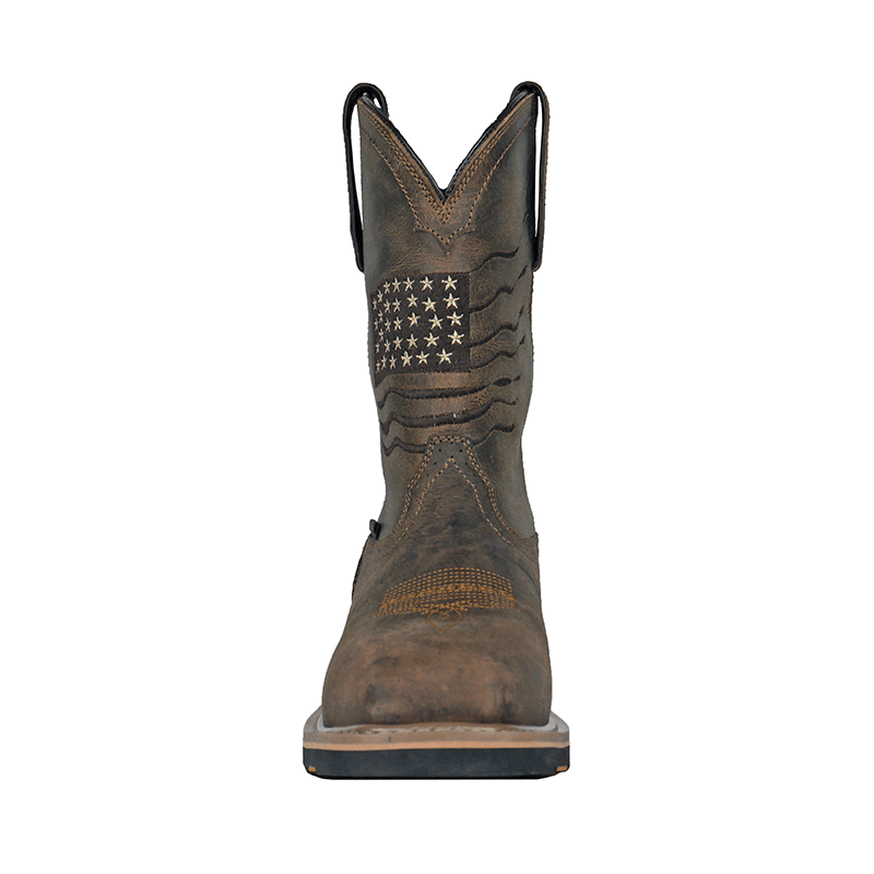 Hoss Rushmore Comp Toe Western Boot in distressed brown leather with American flag stitching on shaft, front view.