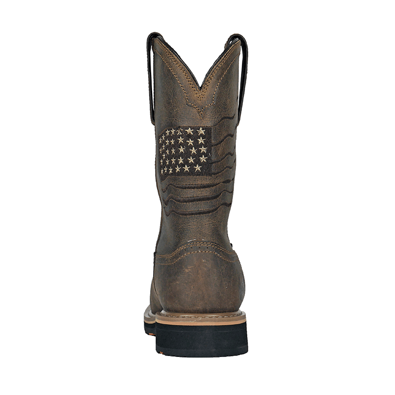 Hoss Rushmore Comp Toe Western Boot in distressed brown leather with embroidered American flag design, back view showing pull straps and heel.