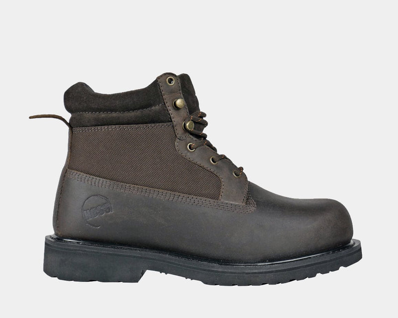 Hoss Scout Steel Toe Boot in brown leather and canvas with reinforced sole and lace-up design, side view.