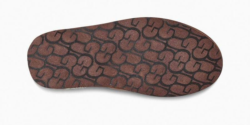 UGG Scuff Leather Slipper sole view showcasing durable brown outsole with embossed pattern for grip and style.