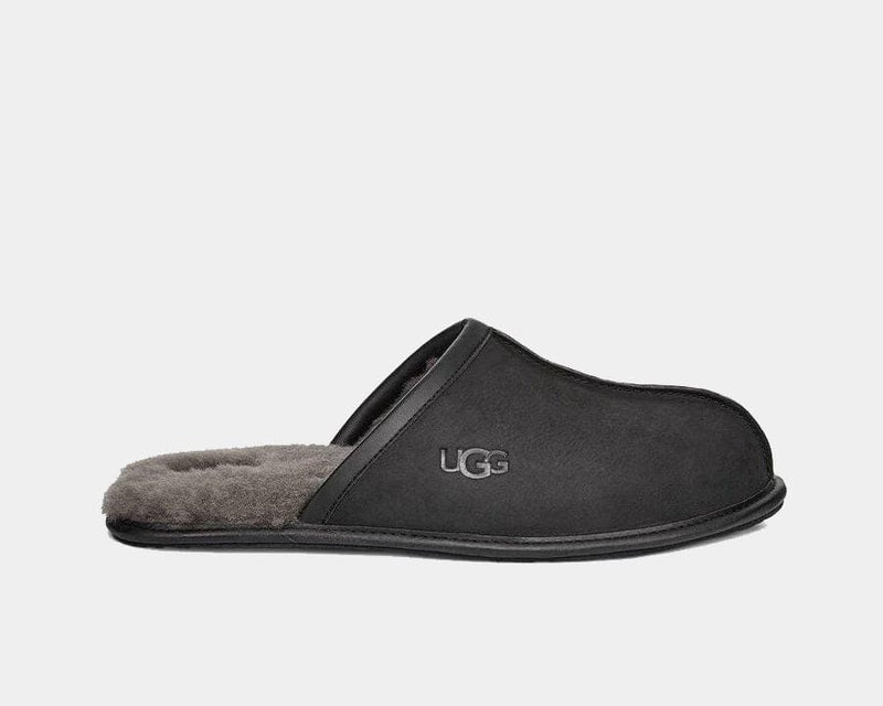 UGG Scuff Leather Slipper in black featuring suede upper and plush shearling lining, side view showing UGG branding.