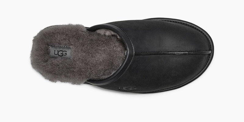 UGG Scuff Leather Slipper in black with cozy gray shearling lining and stitched leather upper, top view.