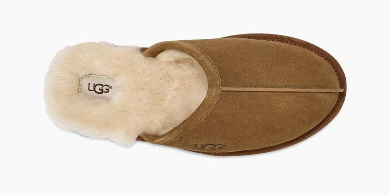 UGG Scuff slippers in chestnut brown suede with plush sheepskin lining, top view showing slip-on design