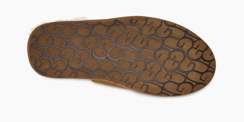 UGG Scuff slipper outsole in brown rubber with embossed UGG logo pattern, sole view.