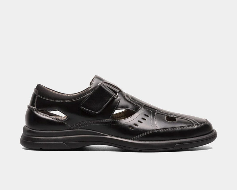 Stacy Adams Scully sandals in black leather with perforated details and adjustable velcro strap, side view.