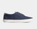 Sperry SeaCycled™ Striper II CVO Baja sneakers in navy with textured fabric upper, white rubber outsole, and silver eyelets, side view.
