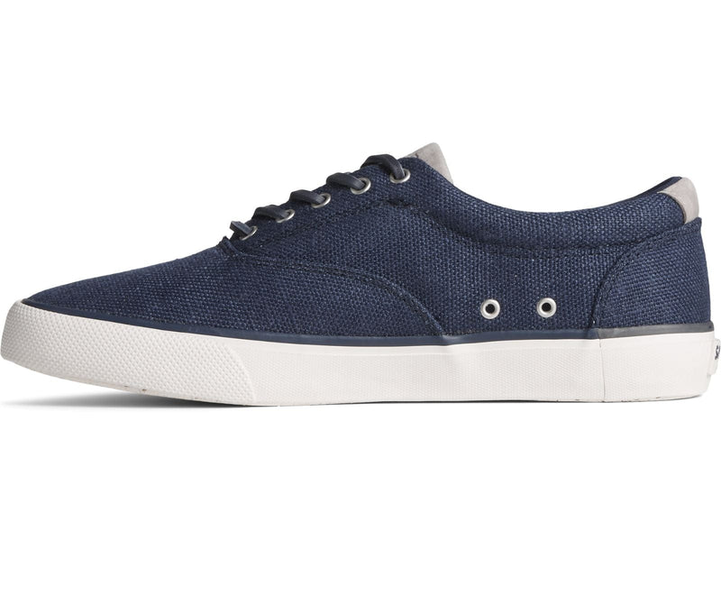 Sperry SeaCycled™ Striper II CVO Baja casual shoes in navy blue with canvas upper, white textured outsole, and side ventilation eyelets, side view.