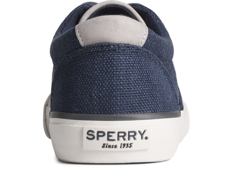 Sperry SeaCycled™ Striper II CVO Baja sneakers back view showing navy blue textile upper, gray suede heel accent, and white rubber outsole.