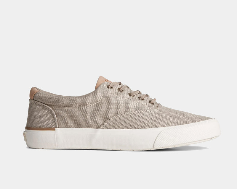 Sperry SeaCycled™ Striper II CVO Baja casual sneakers in beige textile upper with white rubber outsole, side view.