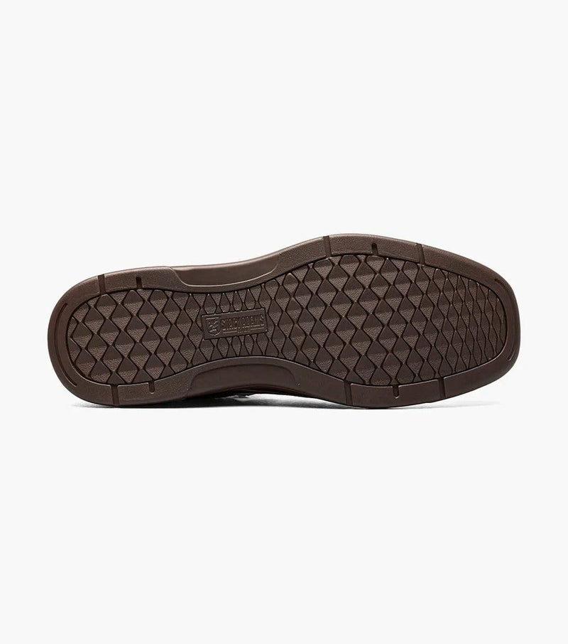 Stacy Adams Sebring shoes outsole in brown with diamond-patterned tread and Stacy Adams logo, sole/bottom view.