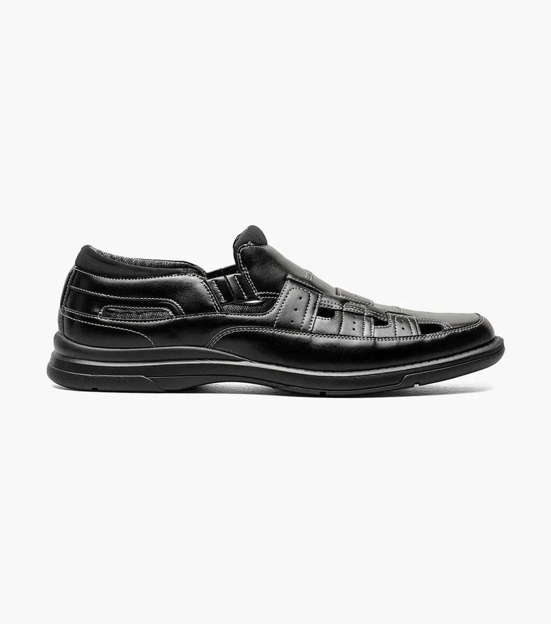 Stacy Adams Sebring shoes in black with leather upper, woven detailing, and cushioned sole, side view.