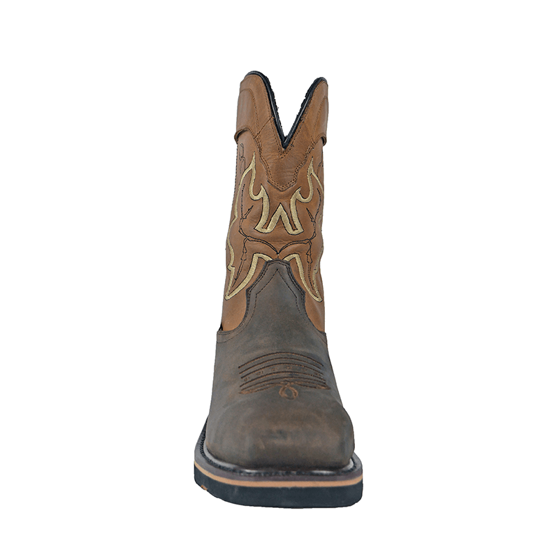 Hoss Showdown Comp Toe Western Boot in brown leather with embroidered shaft design, front view.