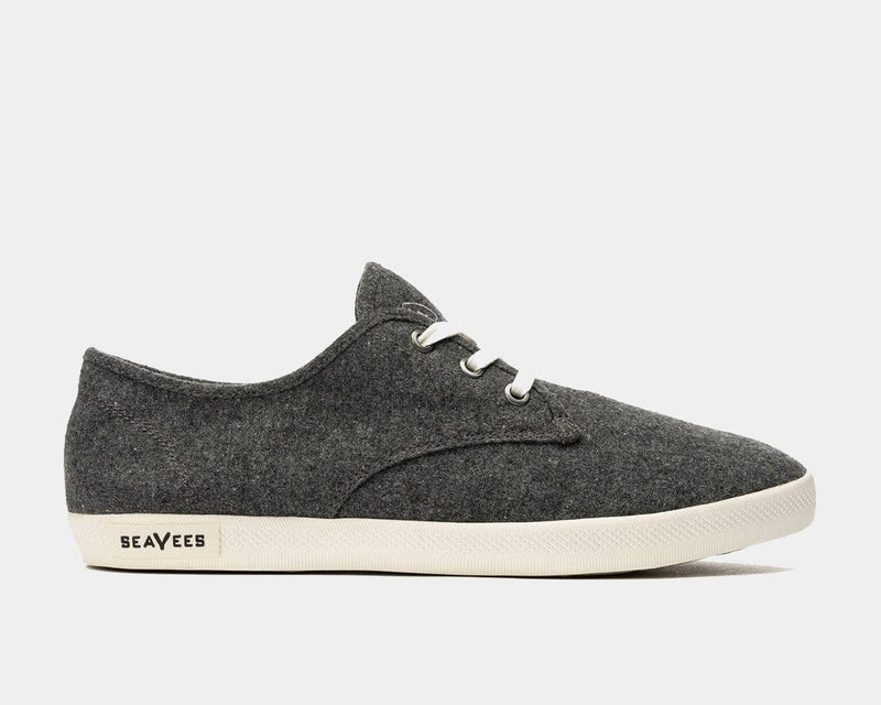 SeaVees Sixty Six sneakers in dark gray fabric with white rubber sole and lace-up design, side view.