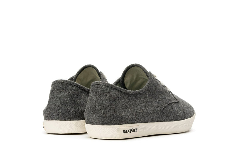 SeaVees Sixty Six casual sneakers in charcoal gray wool with white rubber outsole, back view showing heel branding.