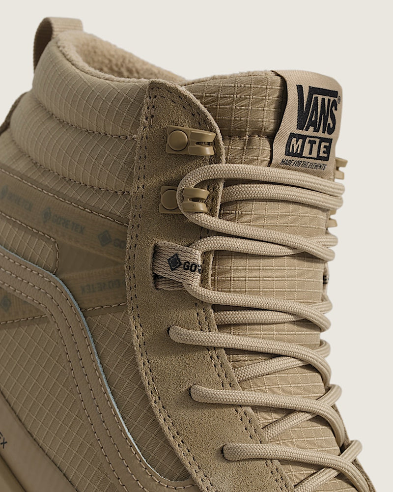 Vans Sk8-Hi GORE-TEX Insulated Shoe in tan with ripstop upper, suede overlays, GORE-TEX branding, and insulated lining, close-up view.