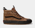 Vans Sk8-Hi MTE-2 shoes in brown suede with black sole, reinforced toe cap, signature side stripe, and hiking-style laces, side view.