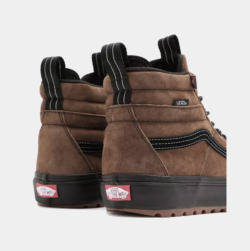 Vans Sk8-Hi MTE-2 sneakers in brown suede with black midsoles, white stitching, and heel pull tabs, back angle view.