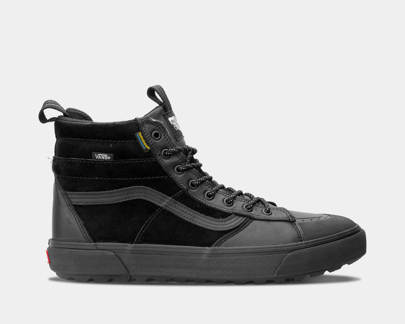 Vans Sk8-Hi MTE-2 sneakers in black with suede and leather construction, waterproof details, and rugged outsole, side view.