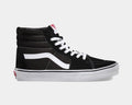 Vans Sk8-Hi sneakers in black canvas and suede with white contrast stitching, iconic side stripe, and white rubber sole, side view.