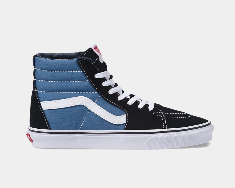 Vans Sk8-Hi sneakers in black and blue with white signature side stripe, high-top design, and white rubber sole, side view.