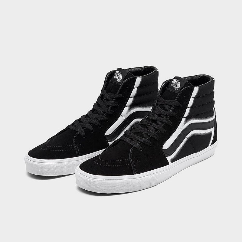 Vans Sk8-Hi high-top sneakers in black canvas and suede with white side stripe, showing lace-up closure and padded collar, angled front view.