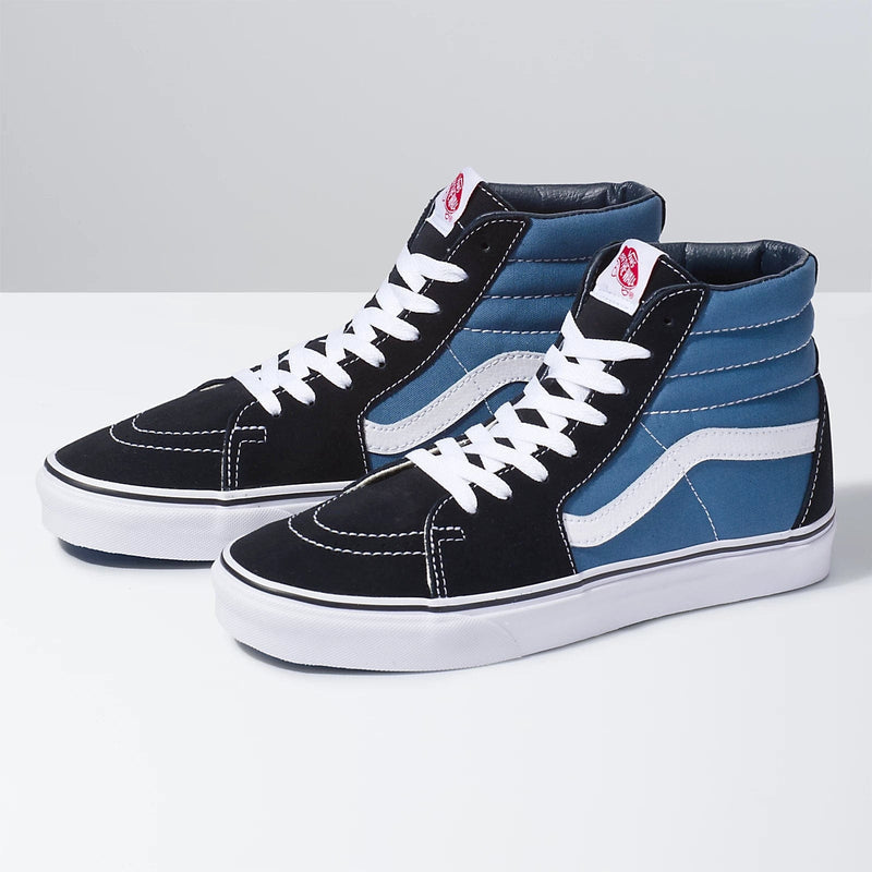 Vans Sk8-Hi sneakers, black suede and blue canvas with white signature stripe and laces, side angled view