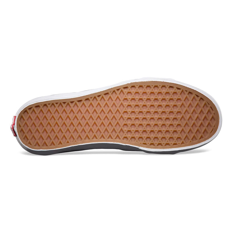 Vans Sk8-Hi skate shoes outsole with waffle tread pattern in gum rubber and white midsole, bottom view.