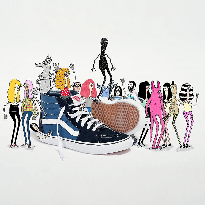 Vans Sk8-Hi high-top sneakers in navy blue and white with padded collar and waffle outsole, angled side and sole view with artistic background.