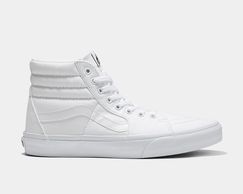 Vans Sk8-Hi high-top sneakers in all-white canvas with tonal stitching and vulcanized rubber sole, side view.