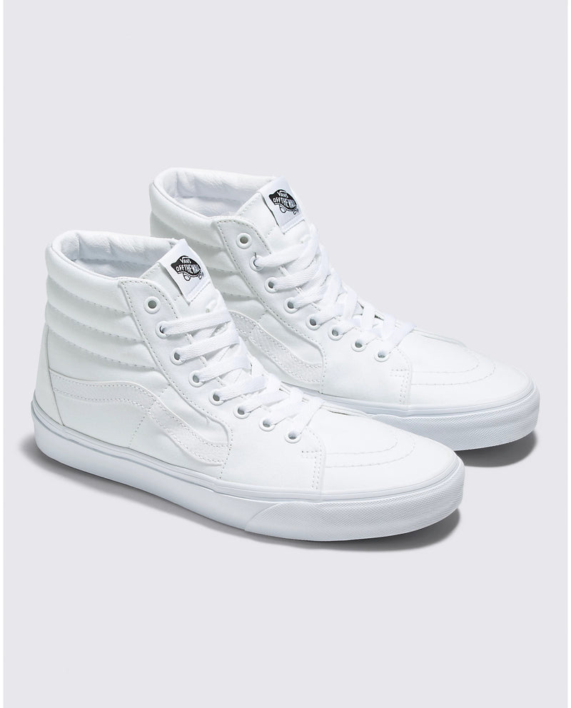 Vans Sk8-Hi high-top sneakers in solid white with canvas upper, lace-up closure, and padded collar, angled front view.